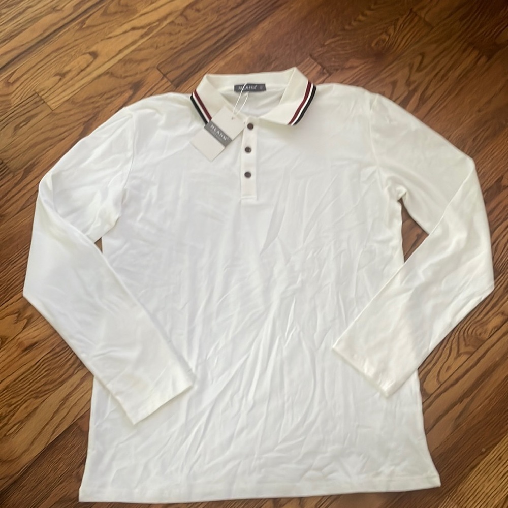 MLANM Men's Classic Fit Long Sleeve Dual Tipped Collar Polo Shirt